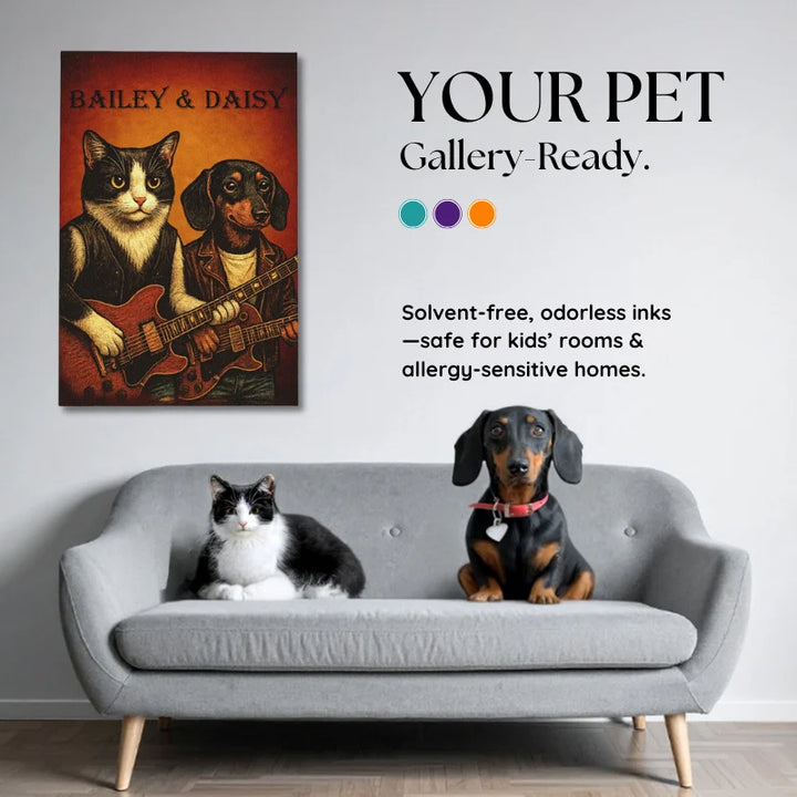 Vintage dog guitarist custom pet canvas of cat and dog band hanging over sofa, gallery-ready wall art for allergy-sensitive homes