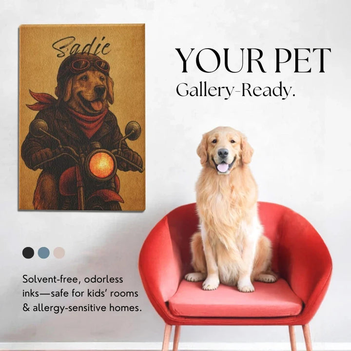Vintage pet rider canvas wall art with a custom biker dog portrait on the wall next to a golden retriever on a red chair.