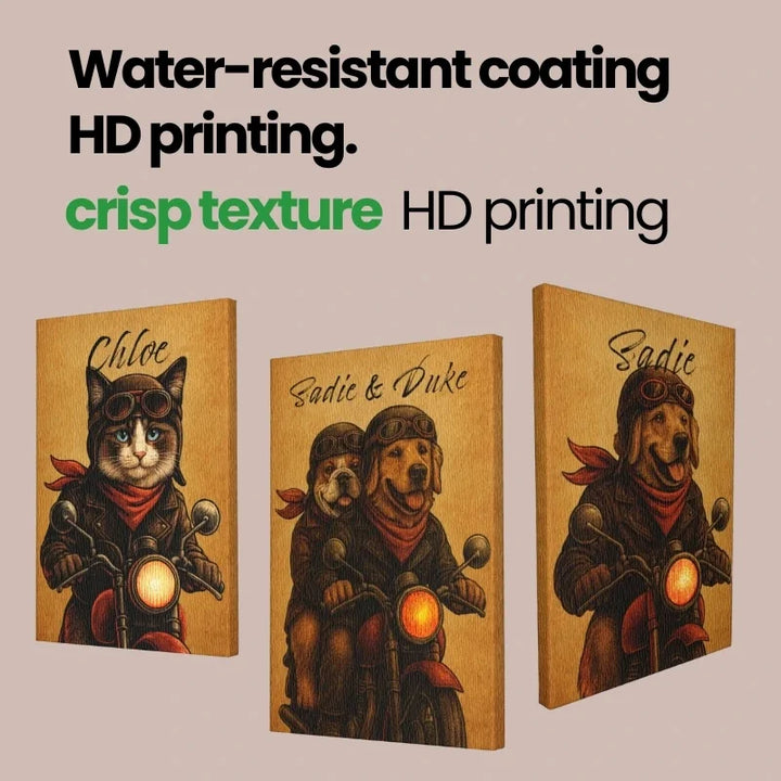 Three vintage pet rider custom pet portrait canvases of a biker cat and dogs, highlighting the canvas texture and HD printing.
