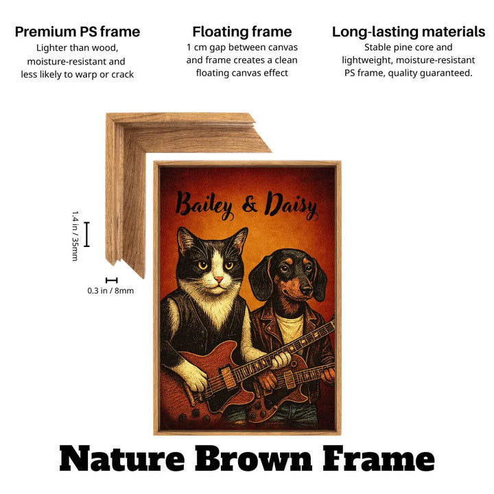 Vintage style dog and cat guitarist portrait canvas in nature brown floating frame