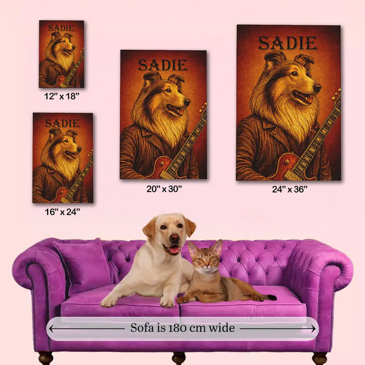 Vintage dog guitarist custom pet canvas size guide above purple sofa, personalized dog music room wall art for US homes