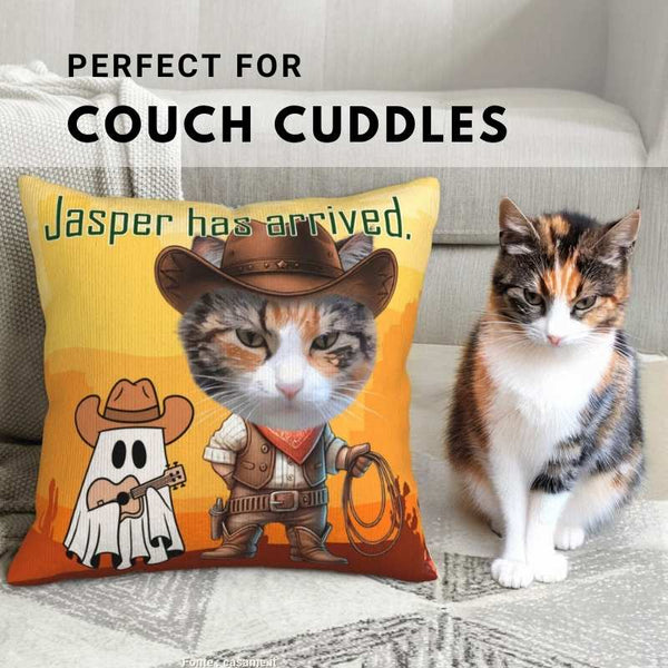 Custom pet pillow with cowboy cat design, featuring a lasso, bandana, and ghost guitarist for a fun, cozy touch.